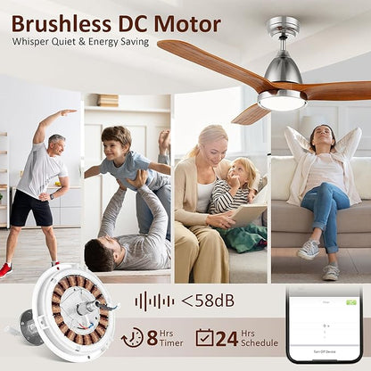 SMAAIR Walnut Solid 3- Blade Ceiling Fans with Lights, Dimmable LED Light, Reversible Motor Control on Remote & App Control 8 HrsTimer and 24 Hrs Schedule, Voice Device Connectable(52inch, Walnut)