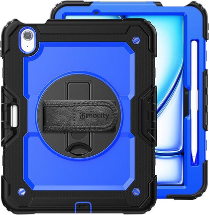 timecity Case for iPad Air 11 Inch M3/ M2 (2025/2024), 360° Rotating Stand, Pencil Holder & Wireless Charging, Shockproof with Screen Protector & Shoulder Strap - for Designers, Dark Blue