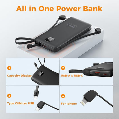 TESSAN Portable Charger with Built in Cables, 10000mAh Power Bank Fast Charging with Foldable AC Plug, 20W Compact Battery Pack Travel Essentials for iPhone 16/15 Series, Samsung, Tablets, Black
