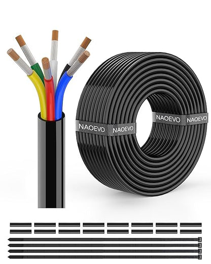 NAOEVO 18 Gauge Wire 6 Conductor Electrical Wire, 18 AWG Stranded PVC Cord, 12V Low Voltage/Tinned Copper/Flexible Cable for Automotive Wiring, Lamp Cord, Marine Cable (50FT)