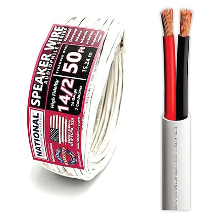 NATIONAL Wire&Cable - 14/2 Audiophile Speaker Wire (50 Feet) 14AWG Gauge - Made in USA - in Wall Audio Speaker Wire Cable/CL Rated/ETL Listed / 2 Conductors - OFC Oxygen-Free Copper, White 50ft