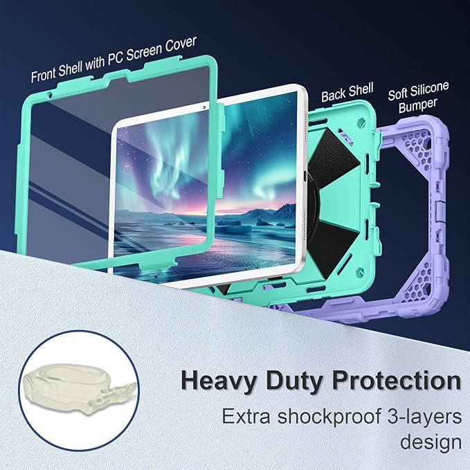Case for iPad (A16) 11th Generation 11 Inch (2025) / iPad 10th Generation Case 10.9 Inch (2022) with 360° Rotating Stand Screen Protector Pen Holder Shoulder Strap, Purple Mint