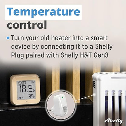Shelly H&T Gen3 Mocha | Wi-Fi and Bluetooth Smart Temperature & Humidity Sensor with Remote App Control & Monitoring | Smart Scenes | Notification Alerts | LCD Display | Free Data Storage Export