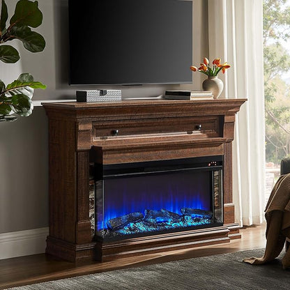 OKD 52 Inch Electric Fireplace with Mantel, Fireplace TV Stand with 36" 3-Sided Glass Electric Fireplace Heater for Living Room (Brown)