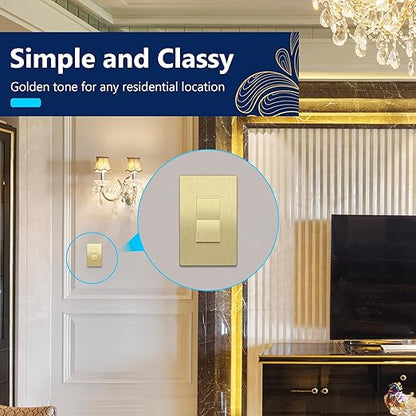 LIDER Brushed Gold Minimalist Design Decorator Switch, Frameless Paddle Wall Light Switch, On/Off Rocker Switch, Single Pole, Residential Grade, UL Listed, 3 Wire, 15A 120-277VAC