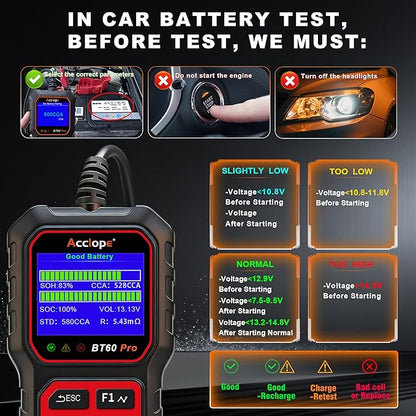 Acclope BT60 Pro Car Battery Tester with Cloud Printing,100-3000 CCA, Digital Analyzer for 6V/12V/24V Batteries, AGM Lithium Gel Battery Checker, Automotive Alternator System