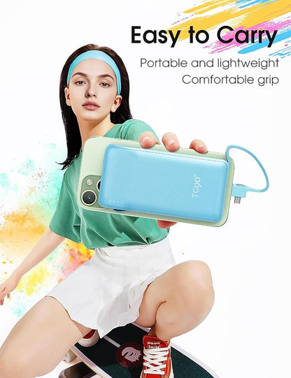 TG90° 2 Pack 10000mAh Power Bank Built-in Foldable AC Wall Plug and Cables,Ultra Slim Compact Cell Phone Fast Charger,External Battery Pack Compatible with iPhone and Android Devices,Black & Blue