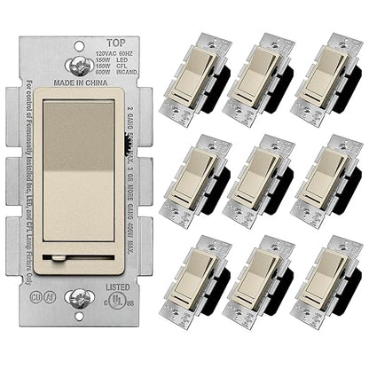 BESTTEN 10 Pack Matte Champagne Gold Dimmer Light Switch, Single Pole or 3-Way, Compatible with Dimmable LED, CFL, Incandescent and Halogen Bulb, 120VAC, Signature Collection, UL Listed
