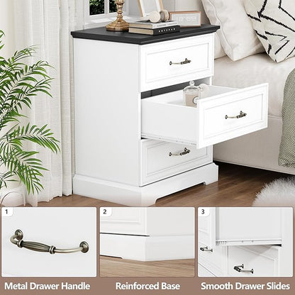 Nightstand with 3 Large Drawers,24" Wide End Table with Metal Handles,Rustic Farmhouse Wood Small Dresser,Bedside Table,Modern Chest of Drawers for Bedroom,Living Room,White
