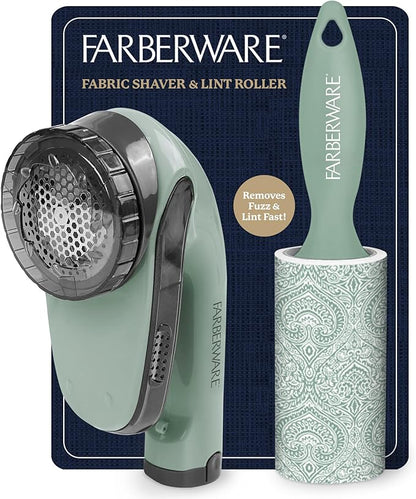 Farberware Large Lint Remover & Fabric Shaver Set – Battery Powered Sweater Shaver with Triple Blades and Extra Sticky Roller for Pet Hair, Fuzz & Pilling on Clothes & Furniture