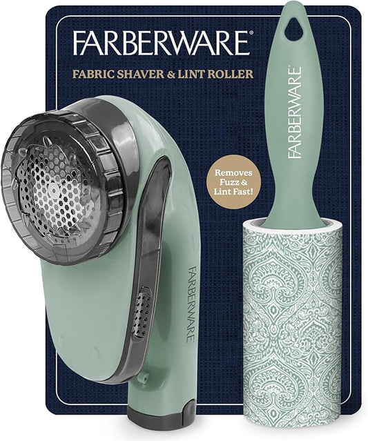 Farberware Large Lint Remover & Fabric Shaver Set – Battery Powered Sweater Shaver with Triple Blades and Extra Sticky Roller for Pet Hair, Fuzz & Pilling on Clothes & Furniture