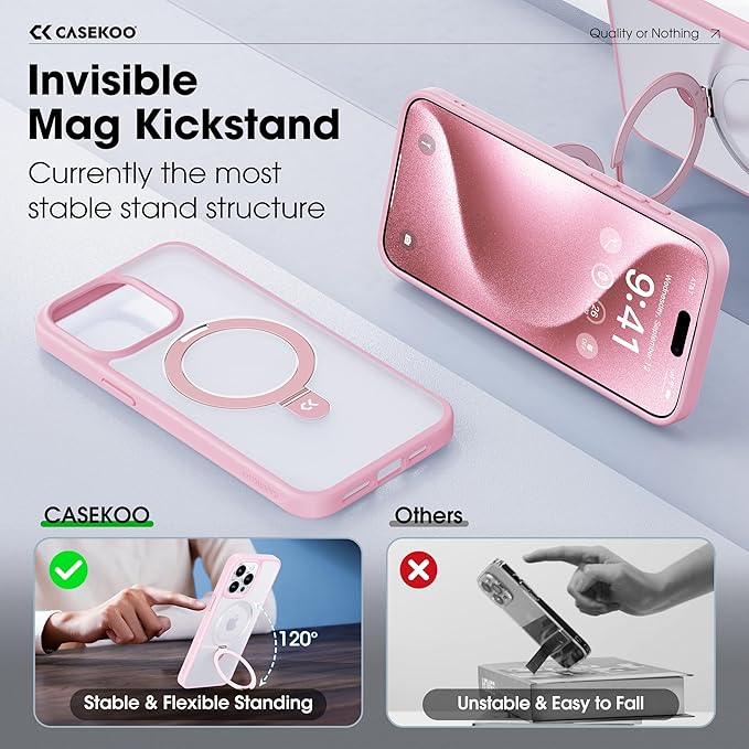 CASEKOO Designed for iPhone 15 Pro Case with Magnetic Invisible Stand [Military Drop Protection] [Compatible with MagSafe] Shockproof Slim Translucent Matte Pro Case 6.1 Inch, Pink
