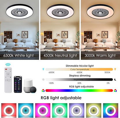 HUMHOLD 24" Bladeless Ceiling Fans with Lights and Remote/APP/Voice Control, Low Profile Ceiling Fan with RGB Lights, Enclosed Flush Mount Ceiling Fan for Kid's Bedroom/Living Room
