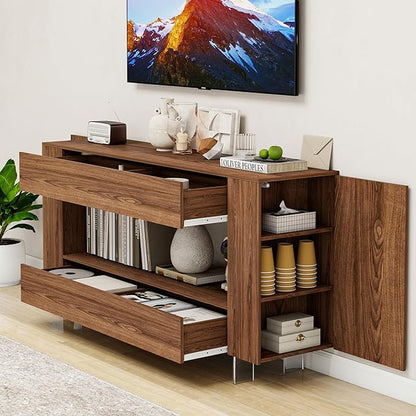 Vavkorkula TV Stand for 65 Inch with 2 Large Drawers & Hidden Storage Cabinets, Modern Farmhouse Entertainment Center Television Stands for Living Room Bedroom, Walnut