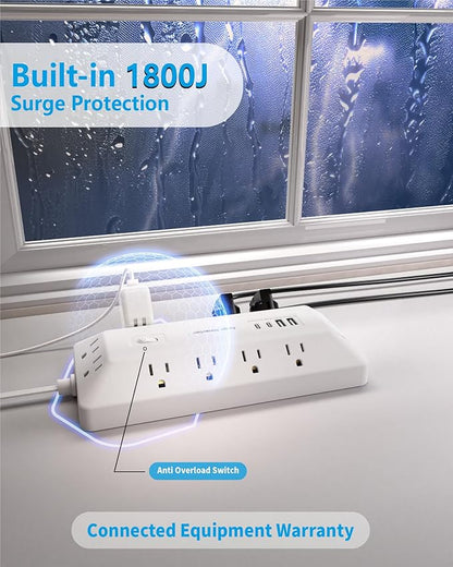 Inhwatek Surge Protector Power Strip with USB Ports (PD 20W), 6 Ft Extension Cord with Multiple Outlets, Flat Plug Outlet Extender for Home, Office, Dorm Room