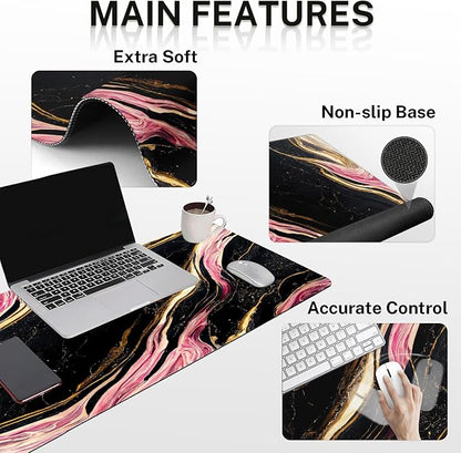 Britimes Pink Black Gold Marble Keyboard Mouse Pad Set 4in1 Large Mousepad+Keyboard Wrist Rest+Mouse Wrist Rest+Coaster Ergonomic Design for Home Office Computer 35.4x15.7 inches