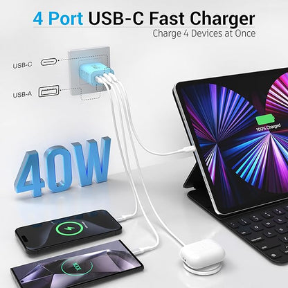 TT&C USB C Block 40W, 4 Ports Wall Plug Fast Charging Block, PD+QC Multiport Power Adapter USB C Charger Type C for iPhone 17, 17 Air, 17 Pro, 17 Pro Max, 16,15,14,13,12, Galaxy Phones (Blue 1Pack)