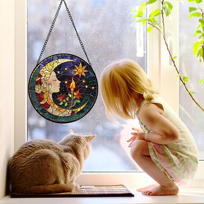 DASTOLL Stained Glass Window Hanging, Moon Goddess Torch Suncatcher Diamond Glass Panel Hangings Dream Sun Catchers Decor for Birthday for Women, Men, Wife, Aunt, and Mom 11.8x11.8 in