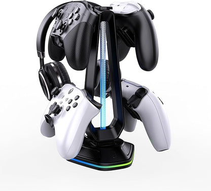 Oritikur RGB Headset Stand with 9 Light Modes and 2 USB Charging Ports - Controller Holder for Desk - Headphone Stand & Detachable Controller Hook for PC Earphone Gaming Room Setup Accessories