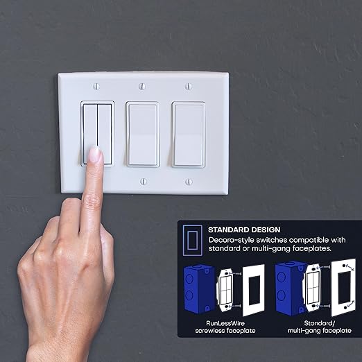 RunLessWire 3-Way Fan & Light Battery-Free DIY Kinetic Wireless Light Switch Kit for Bathrooms & Ceiling Fans: 2 Dual Remote Switches, Both Control 2 5A On/Off Receivers Separately – Gray