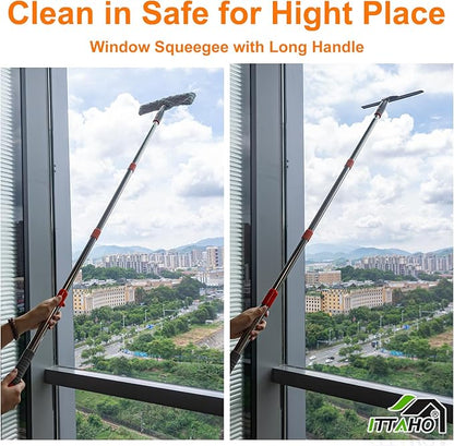 ITTAHO Squeegee for Window Cleaning,12" Squeegee and 11" Microfiber Scrubber Combi with Stainless Steel Pole,Extendable Window Cleaner for Car,Sliding Door,Shower Glass Door-Swivel Style-2 Pads