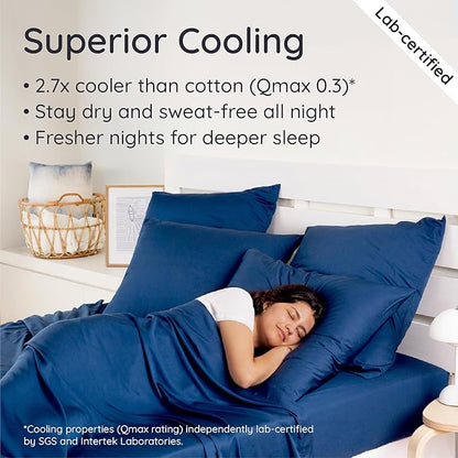 Bambaw 100% Viscose Derived from Bamboo Sheets Deep Pockets Queen Size Set – 4pcs Soft Bedding, Fits Up to 16'' with Elastic Corner Straps, Queen Size Cooling Sheets (Navy Blue)