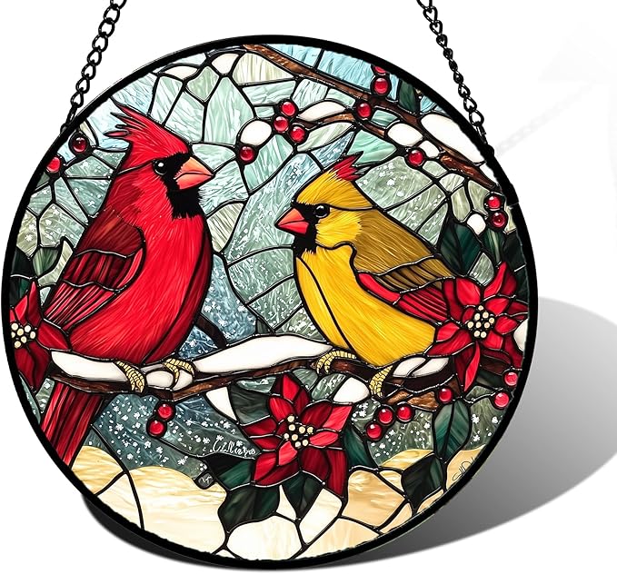 DASTOLL Stained Glass Window Hanging, Love Birds Cardinals Sun Catchers Colorful Glass Panel Birds Suncatcher Decor for Birthday for Women, Men, Wife, Lovers, and Mom 6.3 in