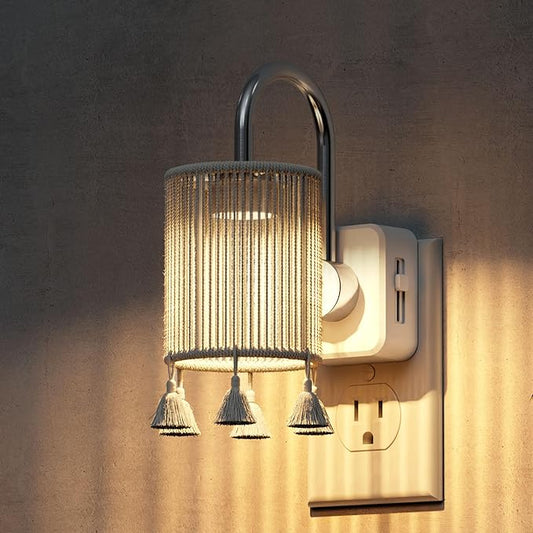 L LOHAS LED Night Lights Plug into Wall, Boho Fabric Cylinder Night Light with Tassel, 0-100LM Dimmable Night Lights, Dusk to Dawn Sensor, Vintage Nightlight for Bedroom, Living Room, Hallway