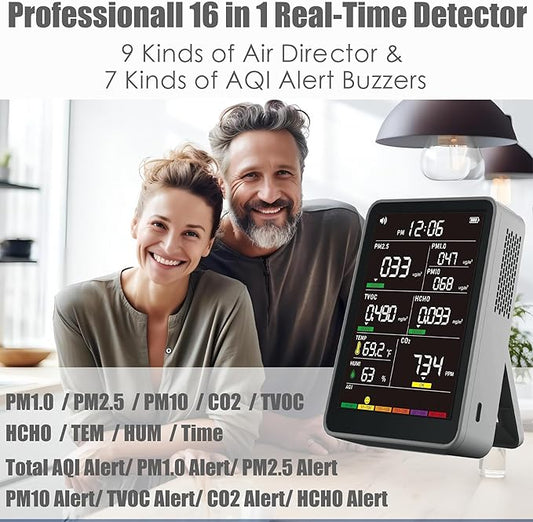 Professional Indoor Air Quality Monitor with AQI Alarms, Portable Real-Time Detector for Home Cars Plants and Pets (Cold Grey)