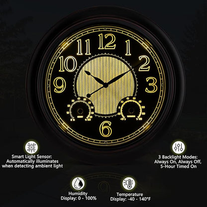 Koosome Outdoor Clocks Waterproof 18 Inch, Large Wall Clock with Thermometer & Hygrometer, Illuminated Battery Operated Clock with Smart Sensor for Patio, Pool, Garden, Porch, Living Room