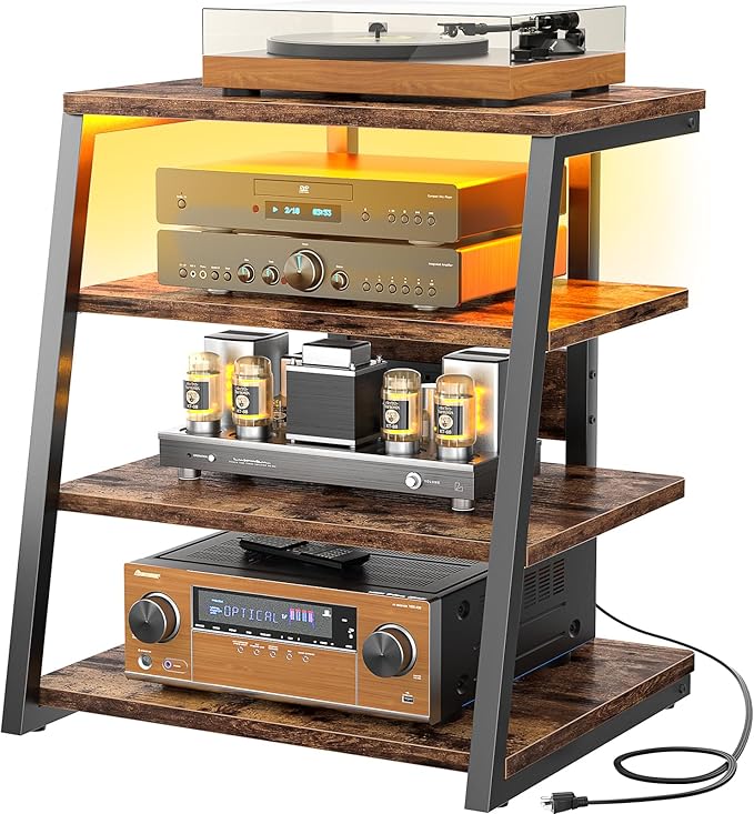 Armocity 4-Tier AV Media Stand with Power Strips, Stereo Stand with LED Lights, Audio Tower Rack with Adjustable Shelves, Small Entertainment Center, 30'', Rustic Brown