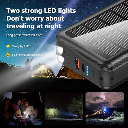 boogostore Portable Charger with Built in Cable and Wall Plug 50000mAh PD30W Fast Charging Solar Power Bank with 5 Output & 2 Input Dual LED Flashlights Phone Holder External Battery Pack (Black)