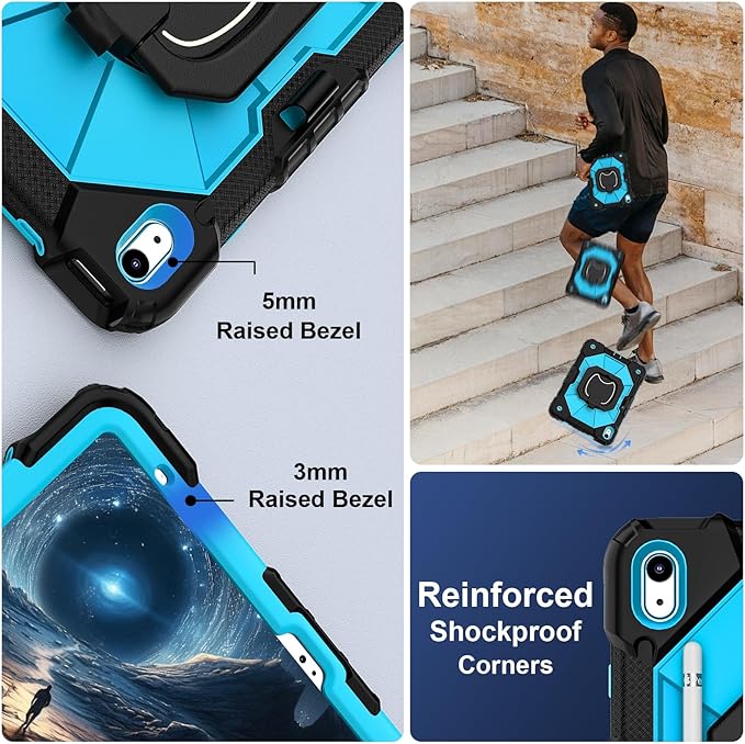 Case for iPad (A16) 11th Generation 11 Inch (2025) / iPad 10th Generation Case 10.9 Inch (2022) with 360° Rotating Stand Screen Protector Pen Holder Shoulder Strap, Black Blue