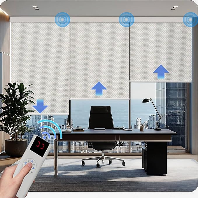 COOLWINDS Motorized Blinds with Remote Cordless Automatic Motorized Solar Shades Custom Light Filtering Blinds for Windows Smart Curtains Compatible with Alexa Google Home(Solar,Beige)