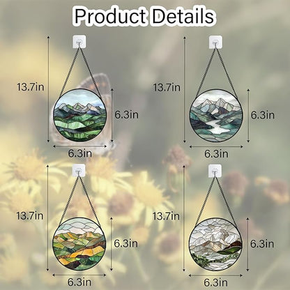 AMDERVEN Stained Glass Window Hanging 4 Pcs Set Mountain River Landscape 6.3" - Suncatcher Door Garden Sun Catcher Decor Birthday Mother's Day for Mom Woman Nana Girl Boy Friend
