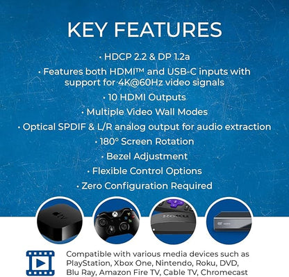 OREI 4K 3x3 Video Wall Controller – HDMI & USB-C Video Wall Processor, 1080p Output per Screen, Multi-Layout Display Modes, 180° Rotation, Bezel Control, RS-232, Audio Extraction