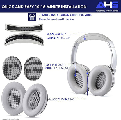 Replacement QC Ear Pad and Headband Pad Kit Cushion. Compatible with Bose QuietComfort (2023) QC45 QC35 QC35 II QC SC QC SE Wireless Noise Cancelling Headphones (Grey)