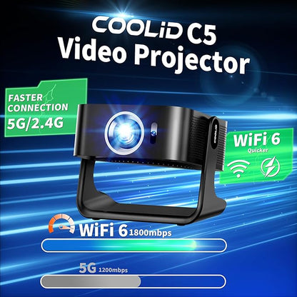 [Compatible with Netflix & Support 4K] 1080P HD Mini Projector Dual Band WiFi6 5G and BT 5.4 Auto Focus & Obstacle Avoidance Portable Outdoor Projector, 270° Adjustable Stand for Home Movie - Black