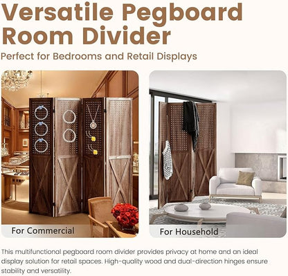 ALeesing 4 Panel Pegboard Wood Room Divider, 5.6Ft Pegboard Display Folding Privacy Screens, Peg Board Display Freestanding for Trade Show Craft Show Home Wall Organizer, Retro Brown