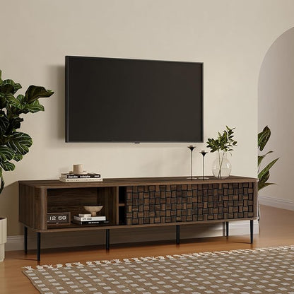 LuxenHome TV Stand for Living Room up to 80'' TVs, 71" Mid Century Modern Dark Oak Finish Wood with Basket Weave Design Entertainment Center with Storage, Media Console TV Console Cabinet for Entryway