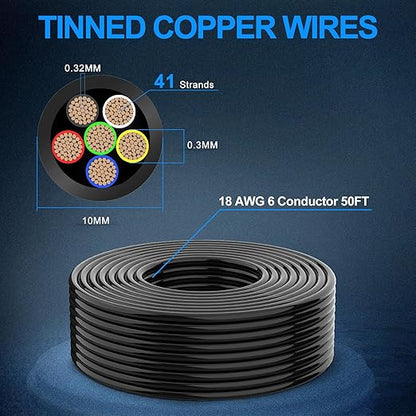 NAOEVO 18 Gauge Wire 6 Conductor Electrical Wire, 18 AWG Stranded PVC Cord, 12V Low Voltage/Tinned Copper/Flexible Cable for Automotive Wiring, Lamp Cord, Marine Cable (50FT)