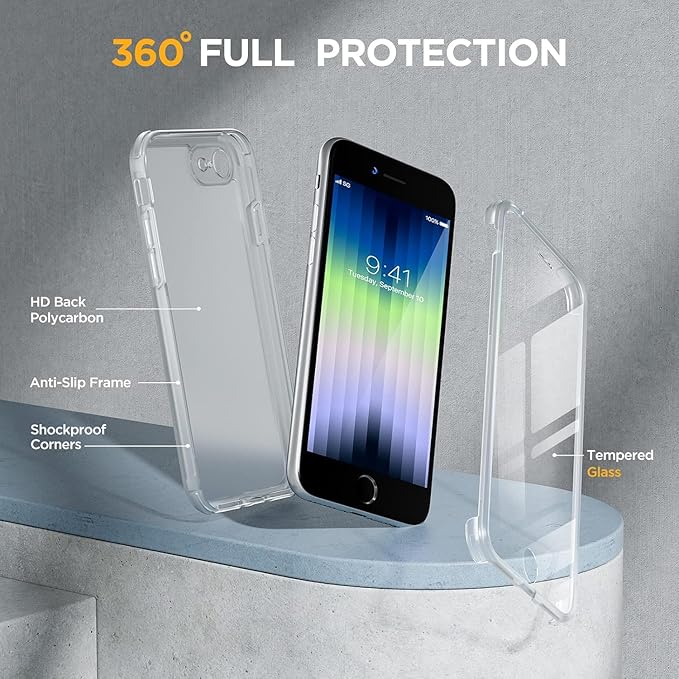 Miracase for iPhone SE Phone Case 3rd/2nd Generation 2022 2020 Full-Body with Built-in Glass Screen Protector, Heavy Duty 360° Protective Shockproof Bumper Cover for iPhone 8/SE, Matte Clear
