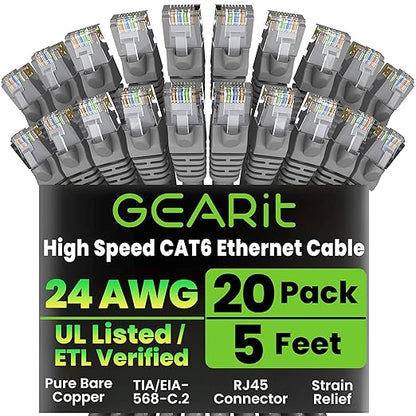 GEARit Cat 6 Ethernet Cable (20-Pack 5 Feet) Cat6 Network Patch, 10Gbps, RJ45, Snagless Cord, Gold-Plated Connectors, Internet for PC, TV, Tablet, Router, Printer, Servers, IT Data Center - Gray