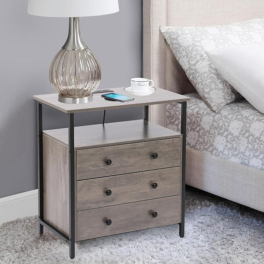 Edbuosy 3 Wooden Drawers Nightstand, 27 Inch Wide Night Stand Set 2 with Charging Station and Adjustable Drawers, Small Dresser for Closet, Bedside Table for Living Room/Bedroom/Office, Gray.