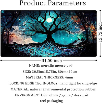 Vintage Blue AI Original Desk Mat Life Tree Aesthetics Desk Pad Large Flower Mouse Pad XXL Plant Mousepad Extended Laptop Computer Keyboard Mat Office Desk Decor 31.5x15.8 in-with Stitched Eges