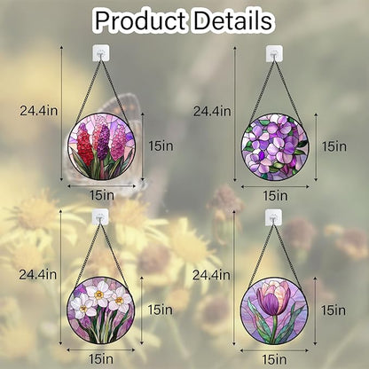 DASTOLL Stained Glass Window Hanging 4 Pcs Set Purple Flower Theme Large 15" - Tulip Suncatcher Door Garden Sun Catcher Decor Birthday Christmas for Plant Lovers Woman Nana Men