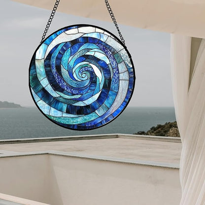 CRISGIF Stained Glass Window Hanging - Blue Abstract Swirl Suncatcher for Doors Garden Patio Unique Sun Catchers Decor Christmas Mother's Day Birthday Gifts for Women Men Mom Nana Friend 6.3 in
