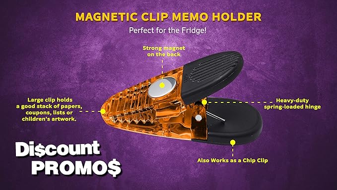 10 Magnetic Memo Holders Set - Large Clip, Plastic - TOrange