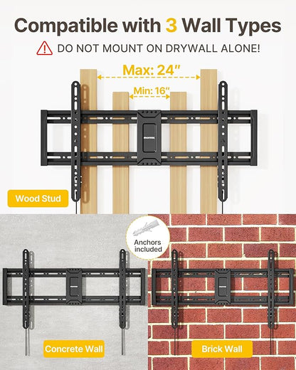 monTEK Heavy Duty Fixed TV Wall Mount for 43–95 Inch TVs, 1.1" Ultra Slim Low Profile Bracket, 200 lbs Capacity, Max VESA 800x400mm, Fits 16"/18"/24" Studs, Space-Saving for Large Flat & Curved TVs