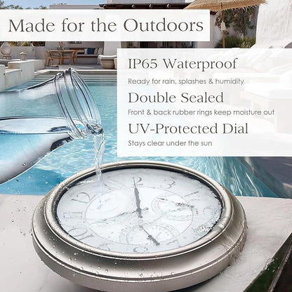FOUNTAIN DESIGNS 18 Inch Illuminated in/Outdoor Clock with Smart Sensor and Night Light, Waterproof, Large Wall Clock with Thermometer & Hygrometer for Patio,Pool and Garden Decor,Oil Rubbed Bronze
